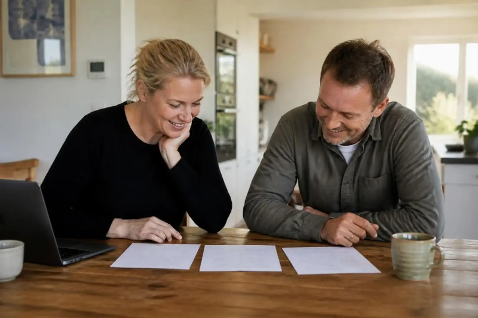 Smilende par ved et køkkenbord med tre tilbud lagt side om side