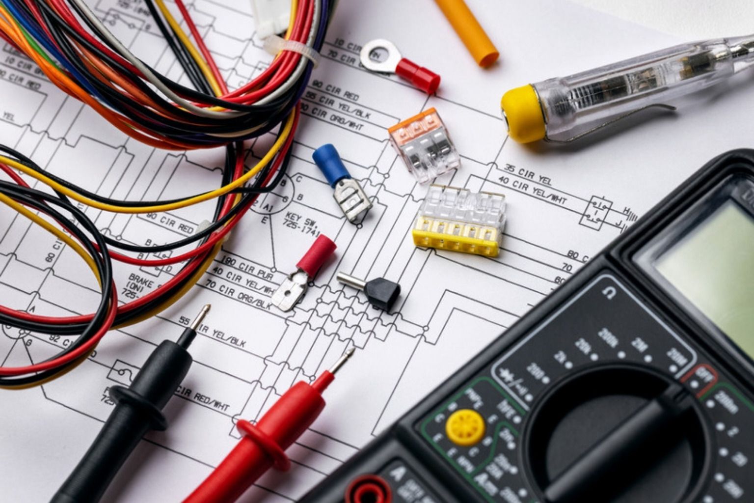 Ledninger, multimeter og elektrikerværktøj på et bord